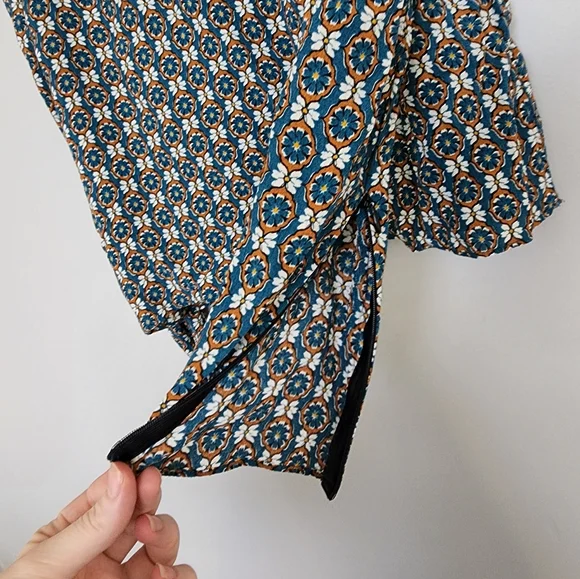 Zara Longsleeve Blouse Shirt Blue Tan Pattern - Picture 9 of 10